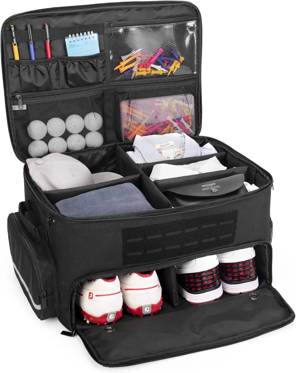 Organizer per Bagagliaio da Golf con 2 Scomparti per Scarpe, Contenitore per Palline, Tee, Vestiti, Accessori in Nero
