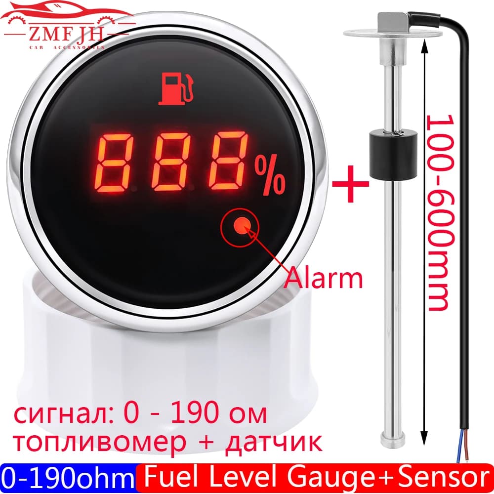 Indicatore di livello carburante digitale automatico da 52 mm con luce di allarme 0-190 Ohm Indicatore del serbatoio dell'olio Sensore di livello del carburante marino 100-600mm 12V24V