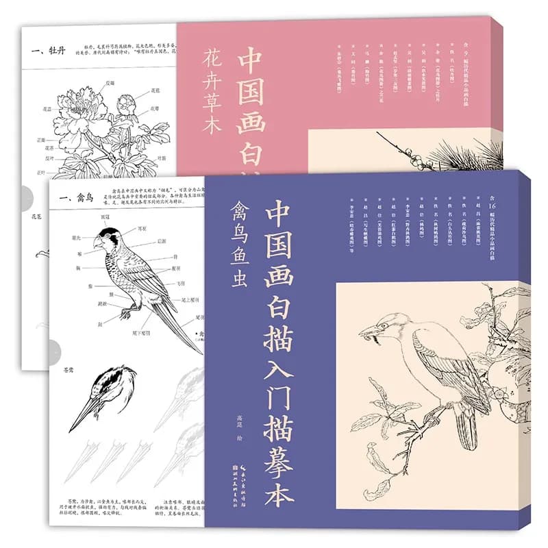 Chinese Traditional Painting Line Drawing Tracing Book,Flowers Plants Birds Fish and Insects,Line Sketch Peony,Lotus,Plum,Orchid