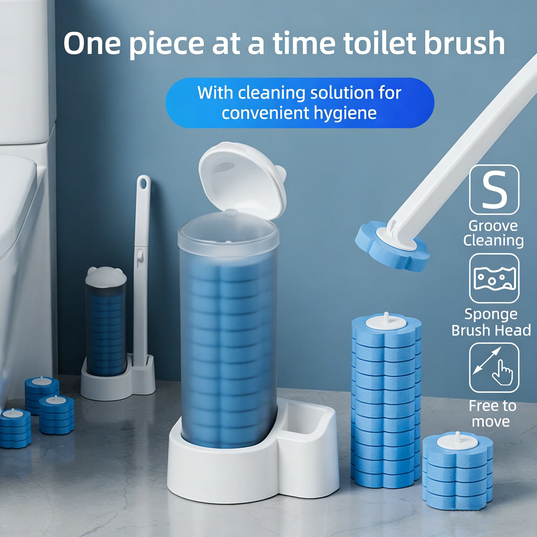 Set di Spazzole per WC Usa e Getta, Sistema di Pulizia WC a Parete con Manico, Strumento per Pulizia Profonda del Gabinetto del Bagno
