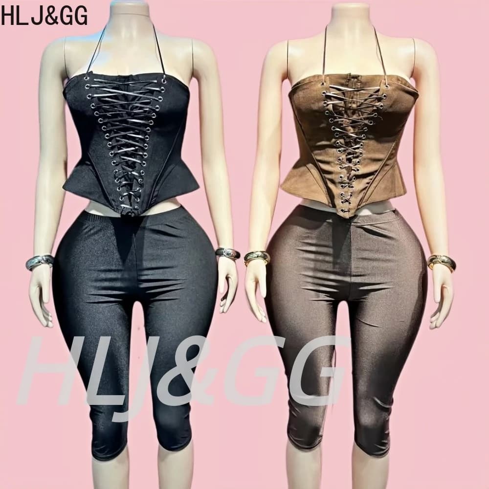 HLJ&GG Set di due pezzi con corsetto sexy a fascia e spalle scoperte, top corto slim con lacci e pantaloncini, outfit streetwear da donna