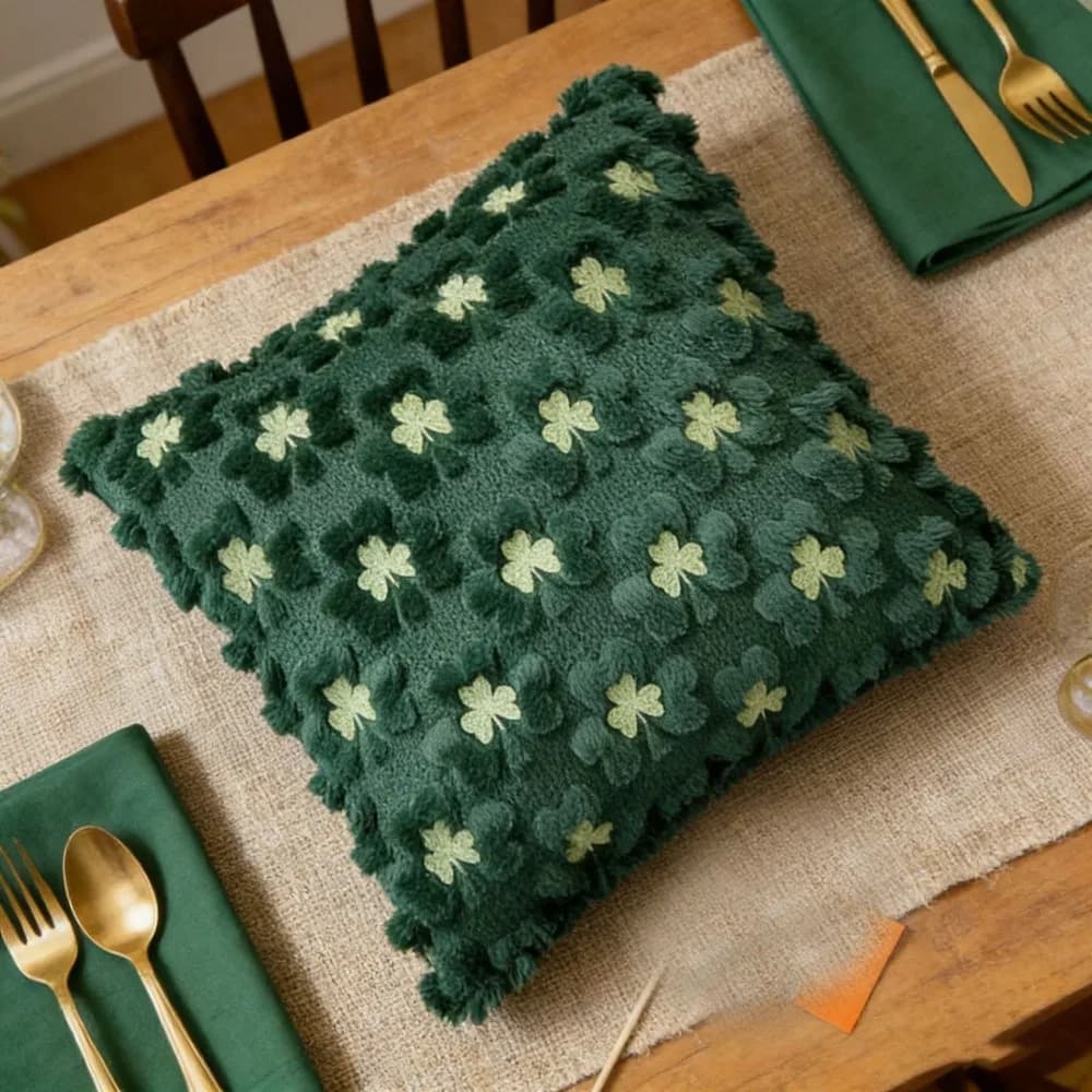 Practical liner for quilted pillow for St. Patrick's day, embroidered with lucky clover, with zipper, square pillow case, per bedroom
