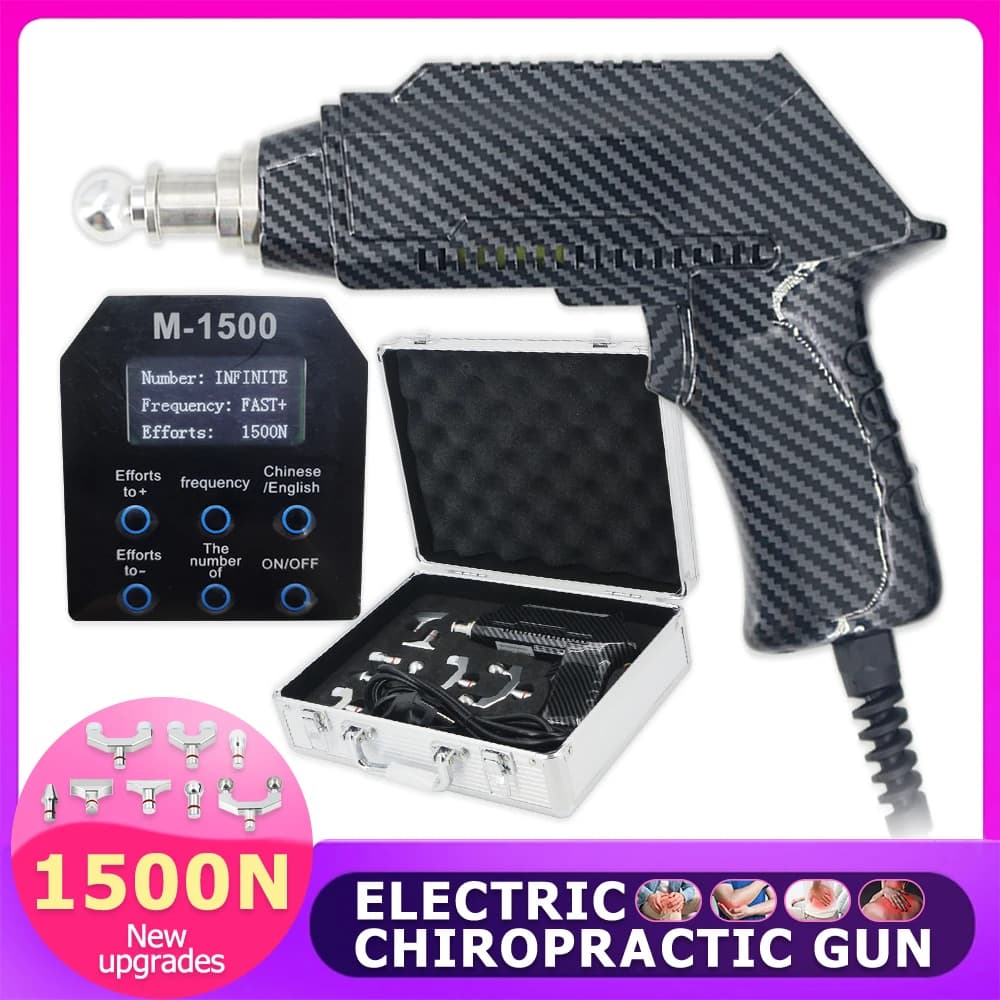 Portable 1500N Chiropractic Adjusting Tools Therapy Bck Pain Adjustable Intensity 8 Heads Body Relax Massage Electric Gun