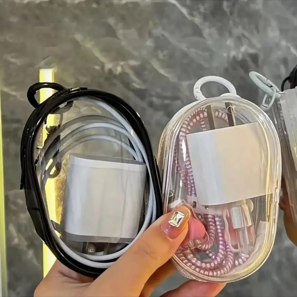 Portable Mini Clear Zipper Storage Bag - Space-Saving Organizer for Earphones & Chargers, Versatile with Handy Keychain Loop
