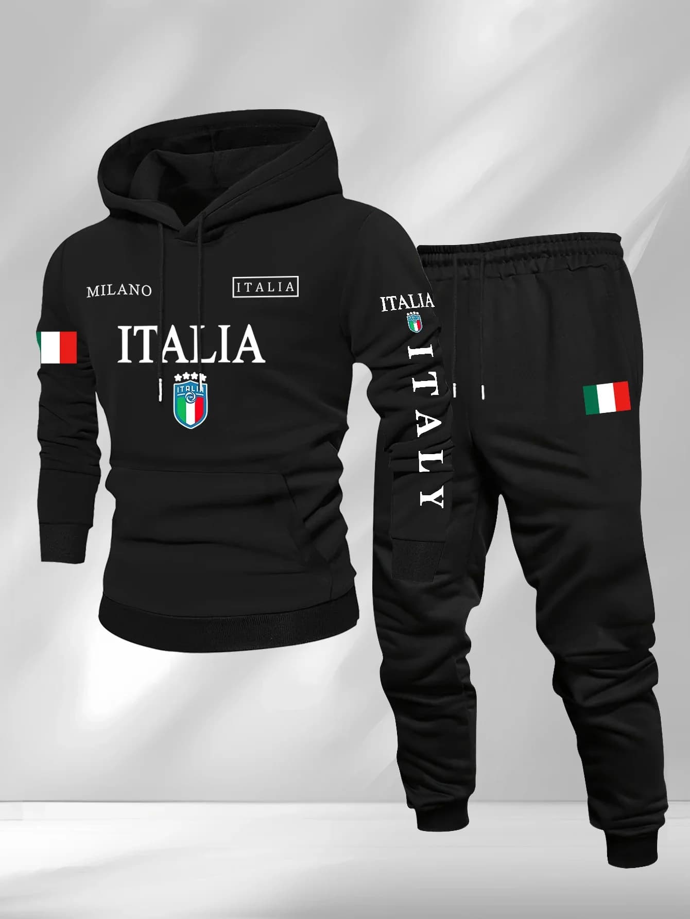Men's hoodie and pants set, Italian print, fleece fabric, two-piece set, top and pants, warm cotton set, autumn/winter.