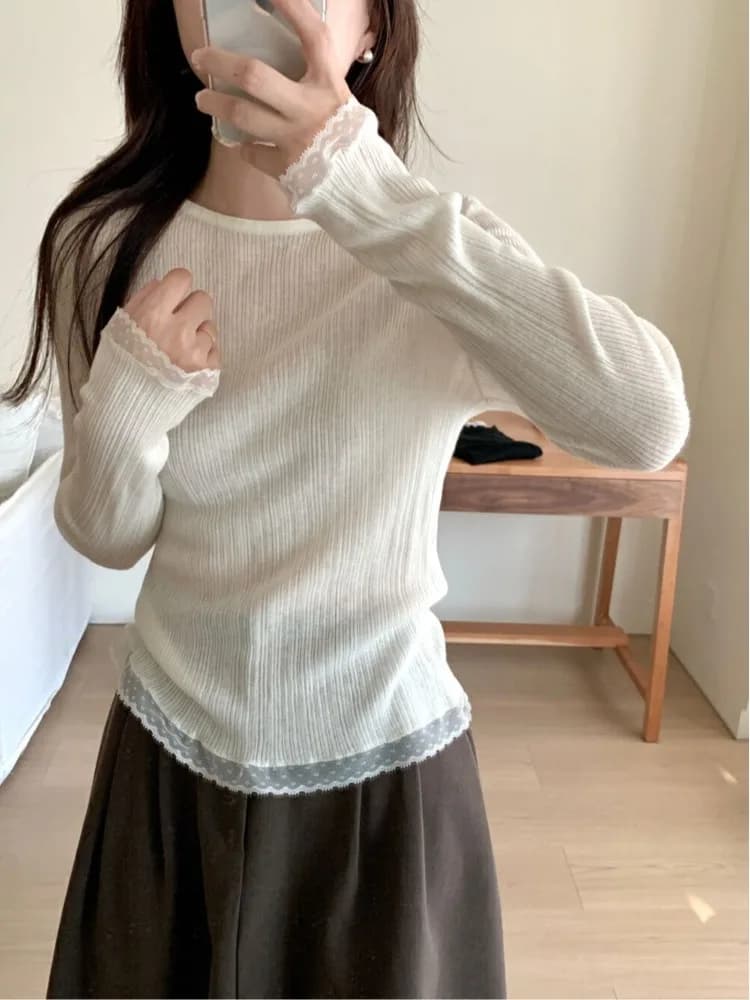 Design Sensation Lace Trim round Neck Long Sleeve Knitted Sweater Thin New 2026 Women's Slim Fit Inner Wear Base Shirt