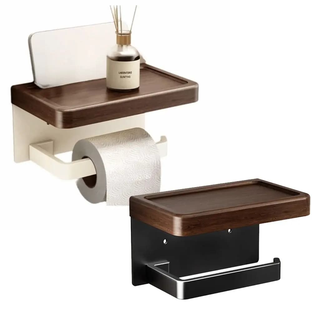 Wood Material Wall-Mounted Toilet Paper Holder Waterproof with Storage Tray Toilet Paper Roll Dispenser Space Saving Rust-proof