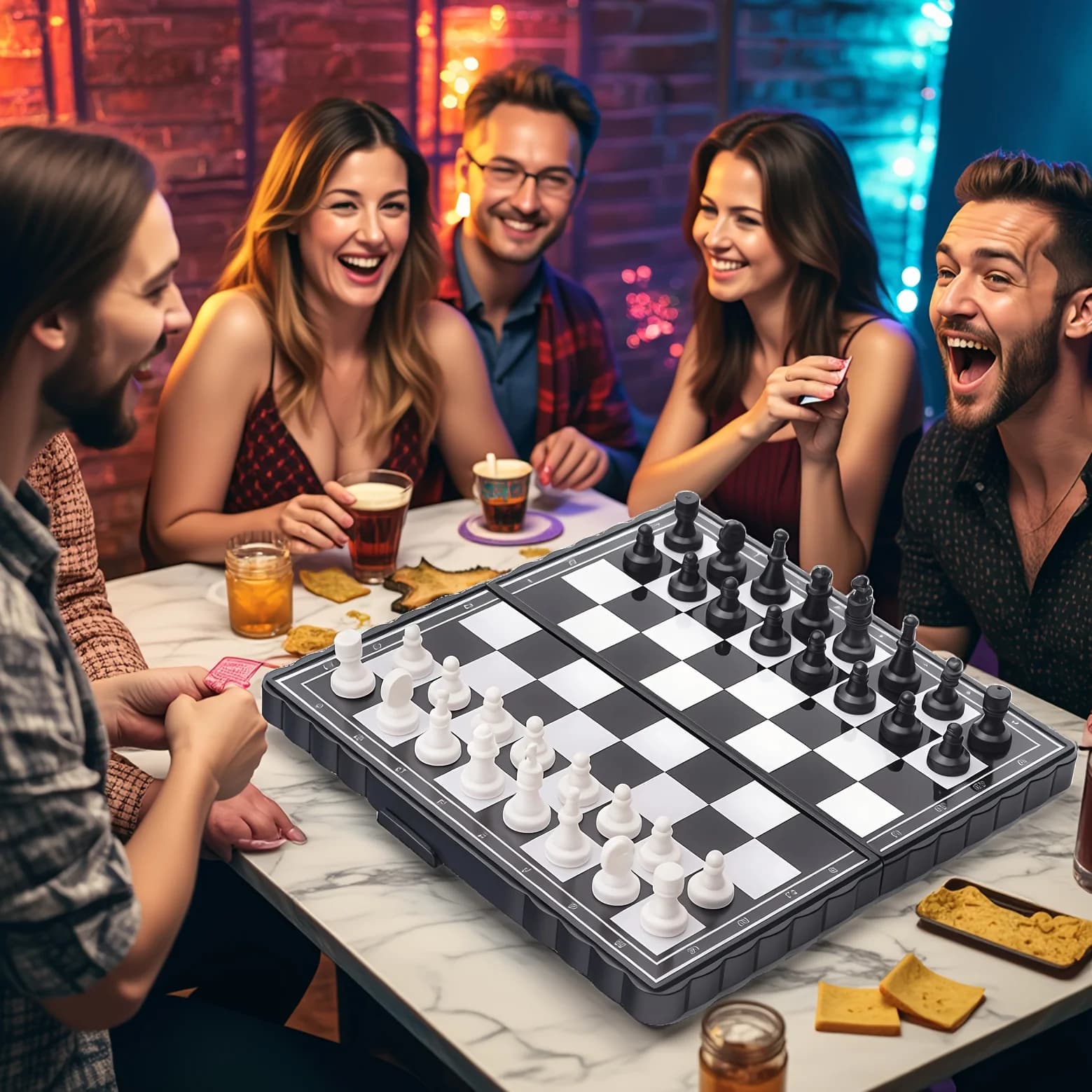 Set di Scacchi Portatile Pieghevole per Famiglia, Campeggio, Team Building, Feste, Viaggi, Gioco da Tavolo Interattivo per 2-4 Giocatori, Adatto per Vacanze