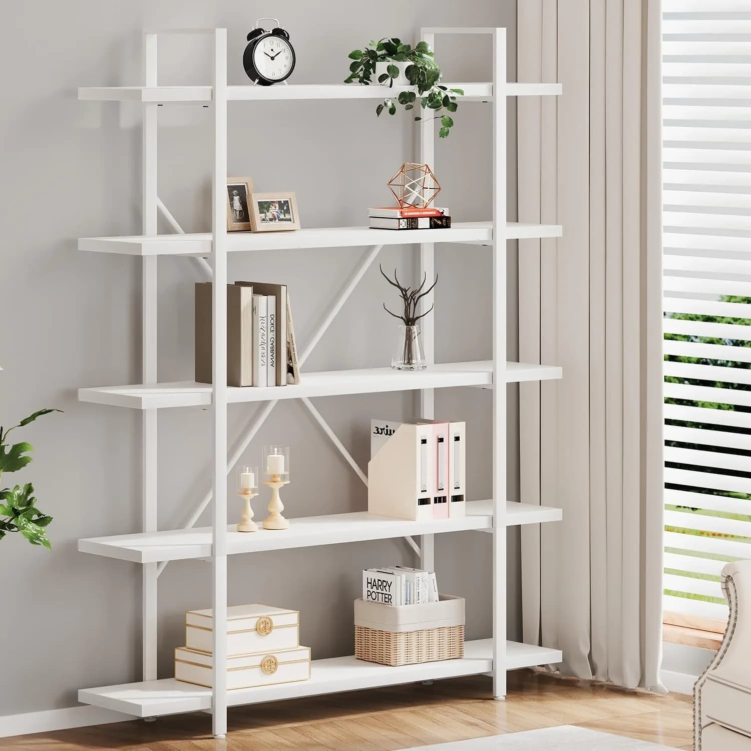 Libreria a 5 Ripiani, Scaffali in Metallo e Legno per Camera da Letto, Soggiorno, Ufficio, Moderna e Grande, Personalizzabile