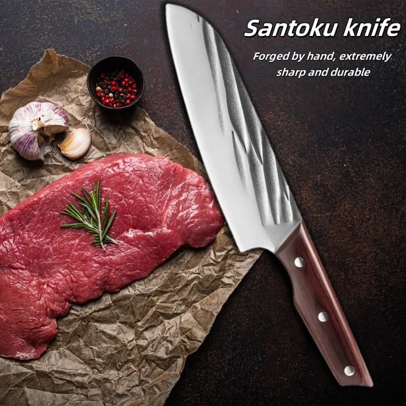 Coltello Santoku da 7,5" Coltelli professionali in acciaio ad alto tenore di carbonio Cucina per affettare la carne Mannaia per verdure Forgiatura a mano giapponese fatta a mano
