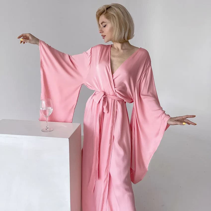 Vestaglia Lunga in Raso di Seta per Donna, Kimono Rosa, Elegante Accappatoio Sexy, Peignoir Femminile, Vestaglia da Sposa e Damigella