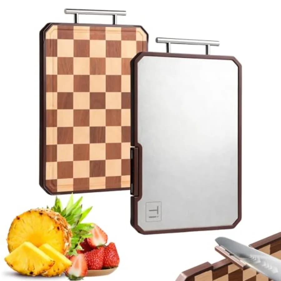 Double Sided Pure Titanium Acacia Wood Cutting Board with Handle Juice Groove for Kitchen Checkered Chopping Board with Stand K