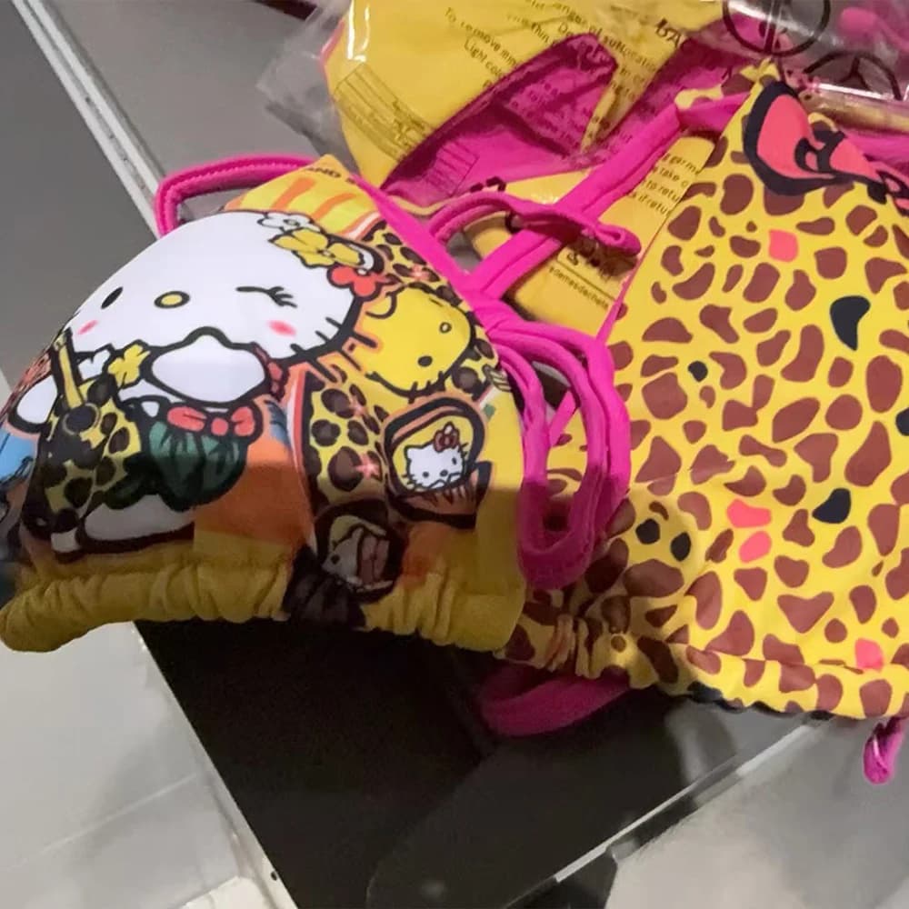 Costume da bagno bikini estivo con stampa leopardata, stile Hello Kitty Kawaii giapponese, per ragazze, con spalline divaricate, alla moda per resort e spiaggia