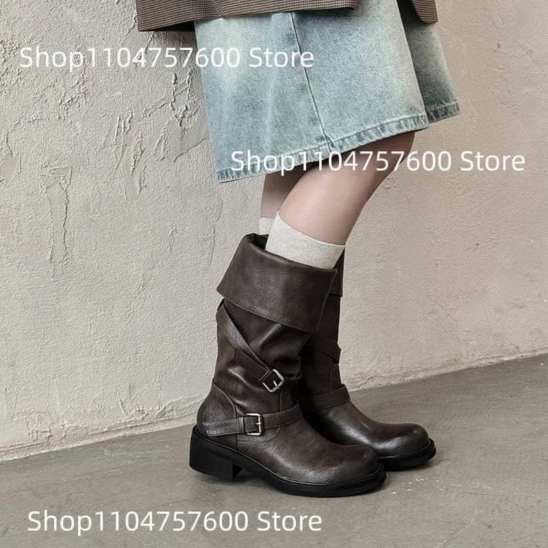 Women's Leather Knee-High Boots Buckle Detail Design Retro Round Toe Low Block Heel Street Ladies Daily Autumn Casual Mid Botas