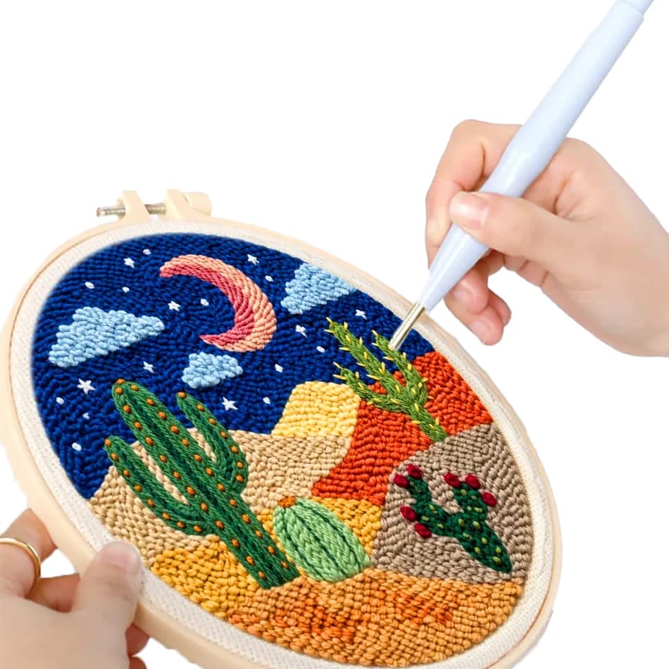 GATYZTORY punch needle embroidery thread Cactus landscape simple yarn handmade Picture Knit Tufting Sewing kit embroidery hoop
