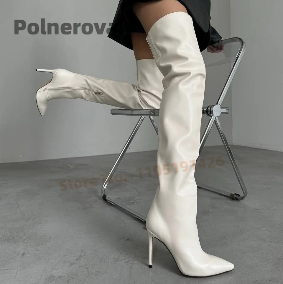 Stivali sopra il ginocchio bianchi neri da donna Stivali lunghi sexy in pelle a spillo con punta a punta Cerniera laterale Scarpe eleganti con tacco alto