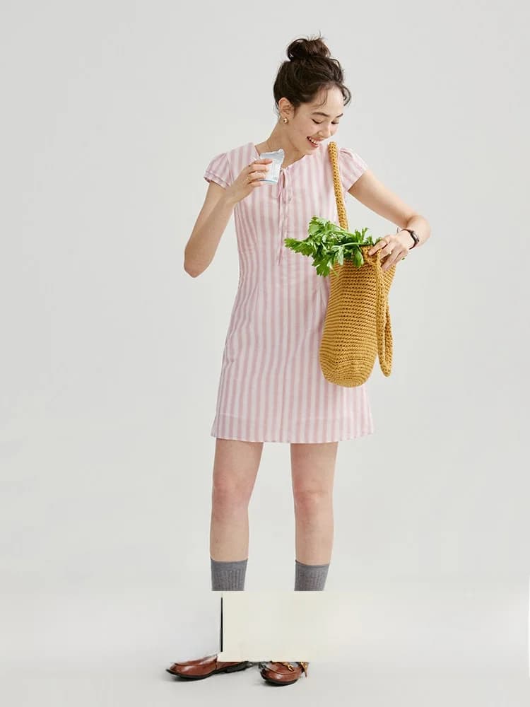 AMUU Original Pure Cotton A-Line Short Dress Women's Summer New Style Tie Waist Dress Korean Style Commute Daily Wear