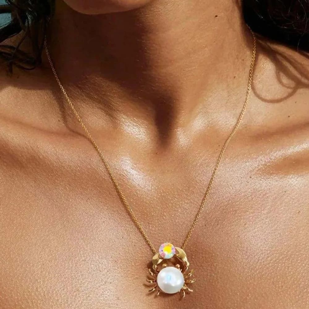 Collana divertente a forma di granchio con perle in stile oceano, mini collana a cuore con strass, catena impermeabile creativa a stella per clavicola, per tutti i giorni