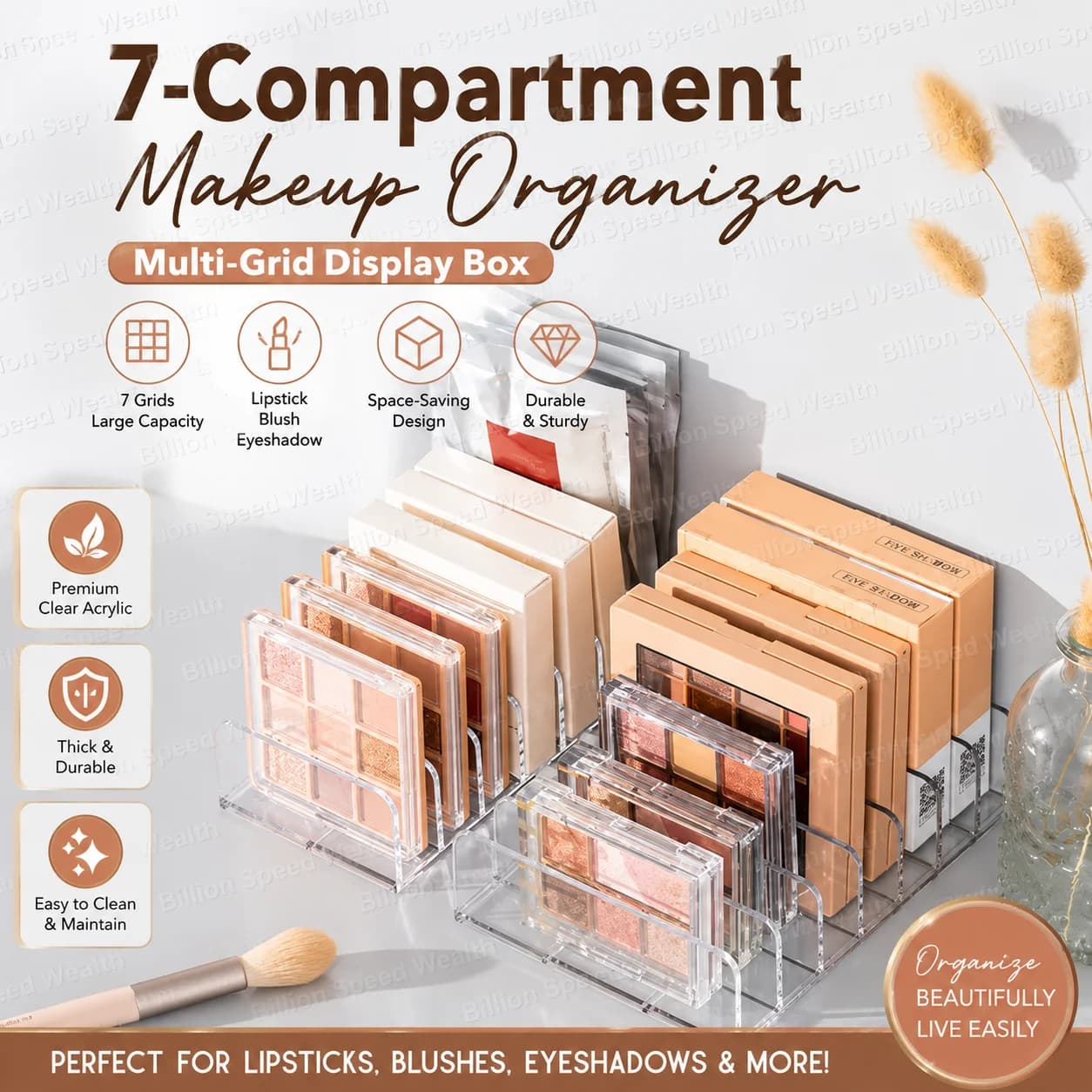 Organizer from Desk to 7 Departments for Cosmetics, Tray Plastic Display for Blush and Umbrellas