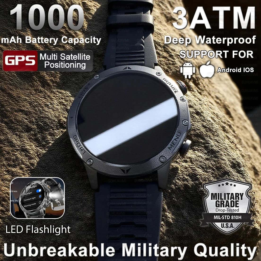 Smartwatch Sportivo da Uomo 2026 per Esterni, Batteria da 1000 mAh, Display HD da 1,7 Pollici, Cardiofrequenzimetro, Chiamate BT, Braccialetto Impermeabile 5ATM