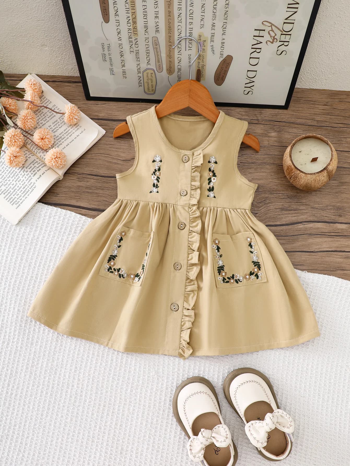 Abito senza maniche con volant ricamato per bambina, vestito da principessa con tasche per primavera e autunno, abito a canotta per neonata in stile coreano delicato