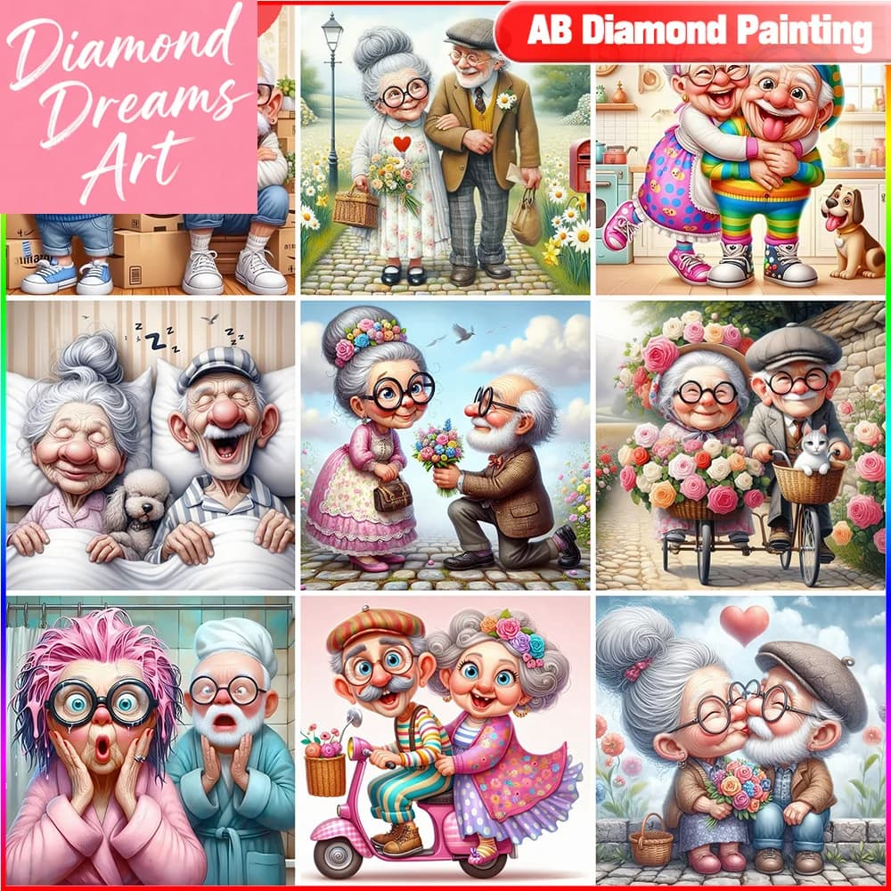 Quadro Senza Cornice, Ricamo a Diamante, Pittura a Punto Croce Nonna, Nonno, Mosaico Completo Quadrato Rotondo, Immagine con Strass, Decorazione per la Casa
