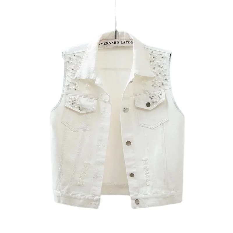 Gilet in denim nero, rosso, giallo, blu, bianco da donna, primavera estate, lavato, strappato, con perline, senza maniche, giacca, gilet in jeans da donna 2026