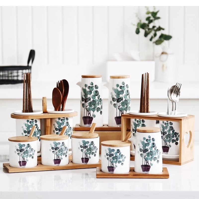 plant ceramic seasoning jar Chopsticks storage oil pot shaker combination set Restaurant kitchen supplies