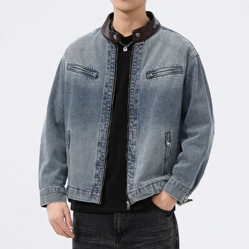 Stand Leather Collar Denim Jacket Men Fashion Vintage Loose Casual Washed Cotton Jeans Motorcycle Jacket Male Spring Autumn Coat