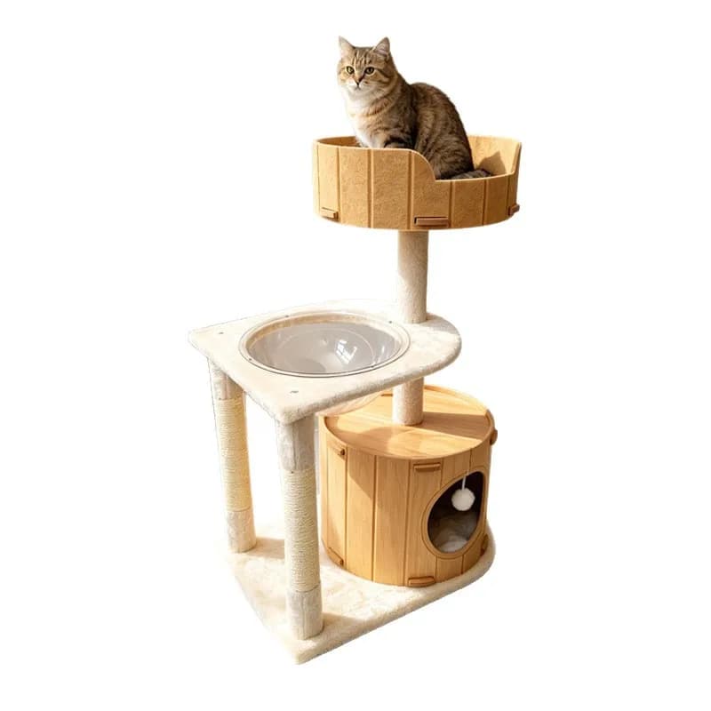 Cat Tree Multi-Level Felt Cave Bed Scratching Post, Plush Cat Climber for Multiple Cats, Sisal Rope Scratcher, 1-Piece Design