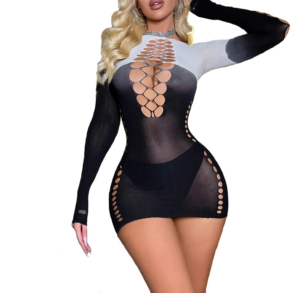 Lingerie da donna sexy bianca sfumata Rete da pesce Crotchless Tuta Pigiama Costumi di biancheria intima erotica senza schienale a maniche lunghe