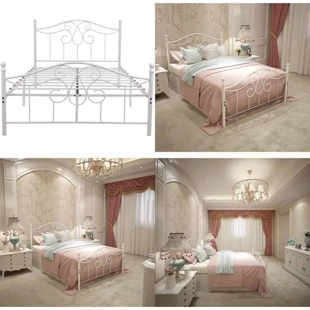 Metal double bed with slats platform, wrought iron base, does not need spring mesh, container under the bed, white