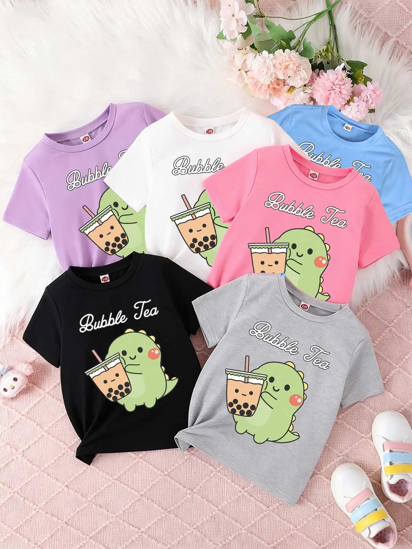 T-shirt a maniche corte per bambini e bambine, larghe e traspiranti, con simpatico dinosauro bubble tea, dinosauro kawaii boba