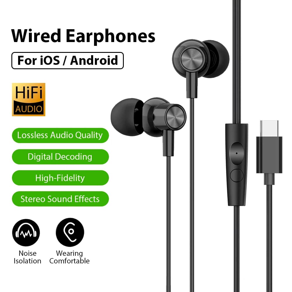 Cuffie cablate Tipo C Jack Auricolari con microfono Auricolari con cancellazione del rumore per Samsung iPhone 16 Xiaomi Cuffie con audio surround HiFi