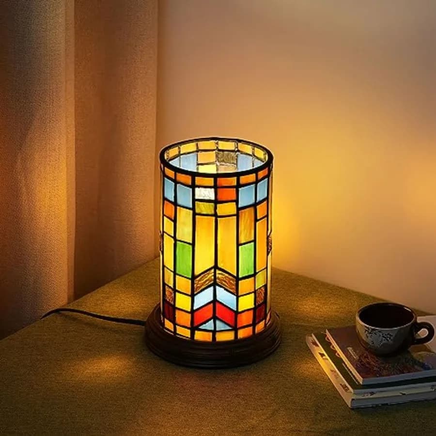 Lampada da Tavolo in Stile Tiffany con Vetro Colorato, Decorazione per Soggiorno e Camera da Letto, Piccola Luce Notturna a Forma di Vaso di Fiori, Mini Lampada Decorativa Carina