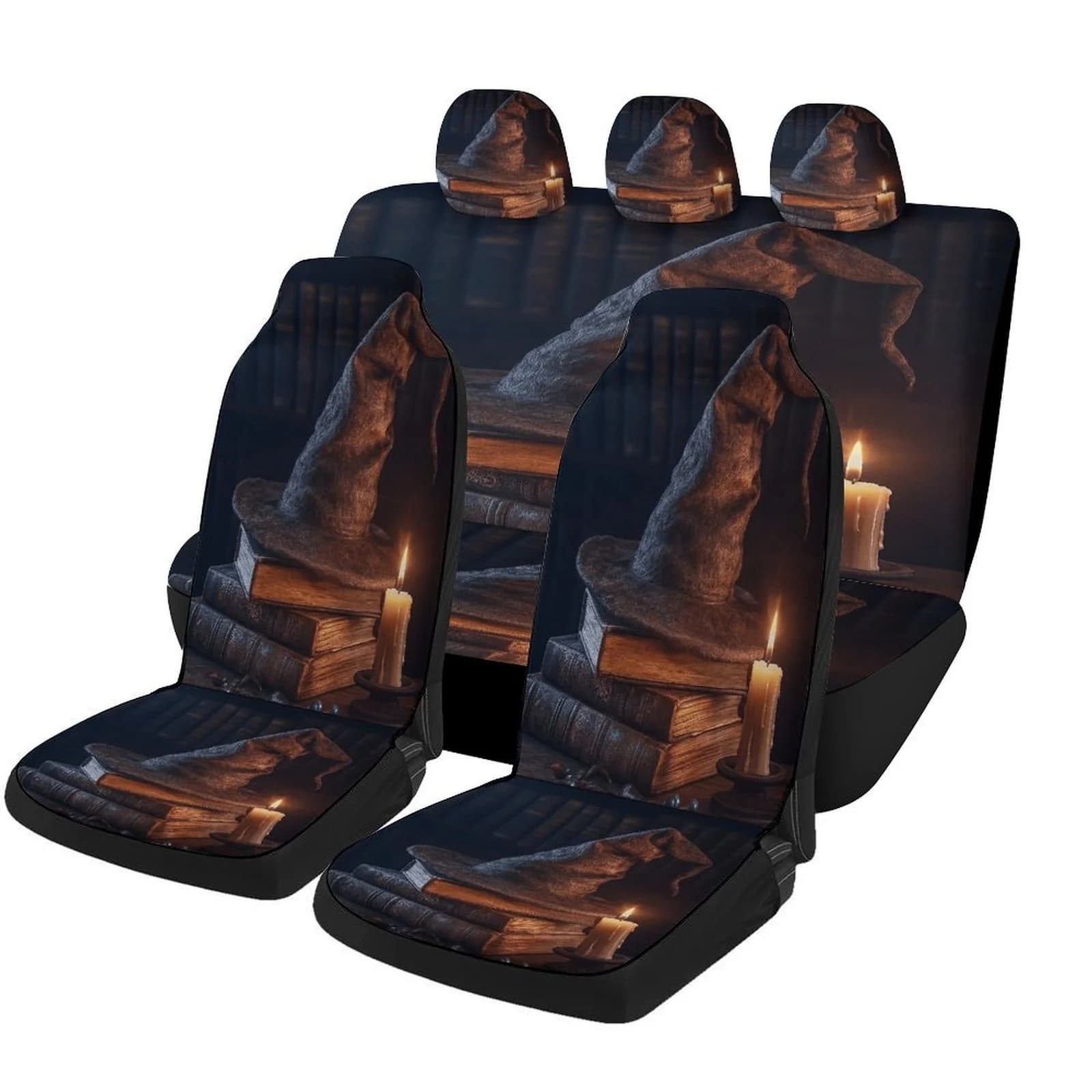 Set Of Car Seat Covers Featuring A Wizard Hat, Books, And Candles, Suitable For Most Vehicles. Stylish And Durable, This Complet