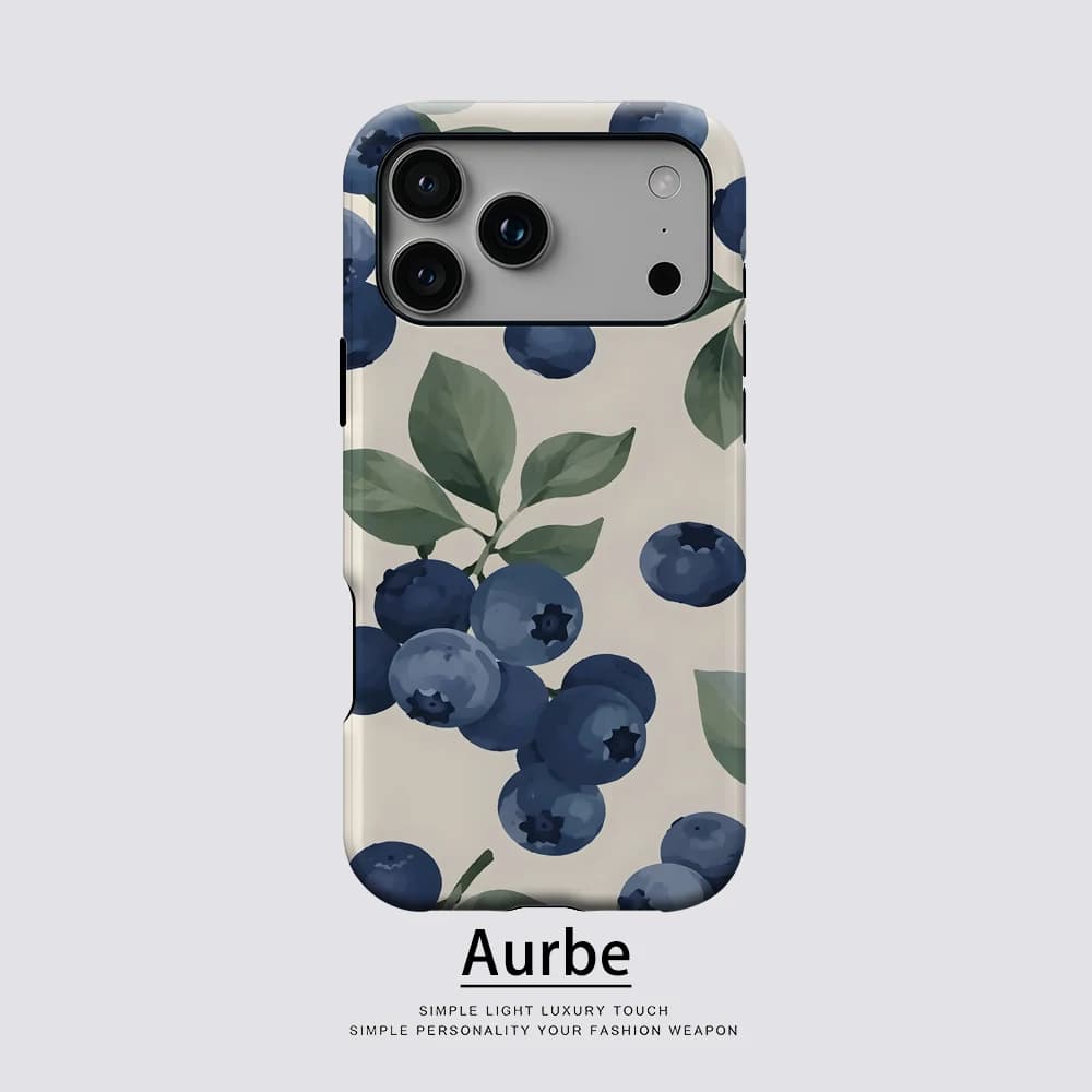 Cream Blueberry Leaves For Magnetic Phone Case For IPhone 17 16 15 14 13 Pro Max Plus Single Double-Layer Tough Case