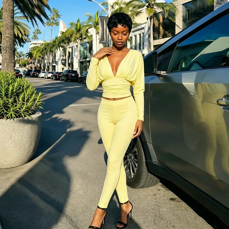 Women Fashion Solid Slim 2 Piece Set Sexy V-neck Full Sleeve Ruched Corset T-shirts Crop Tops + Skinny Pants Casual Street Suits