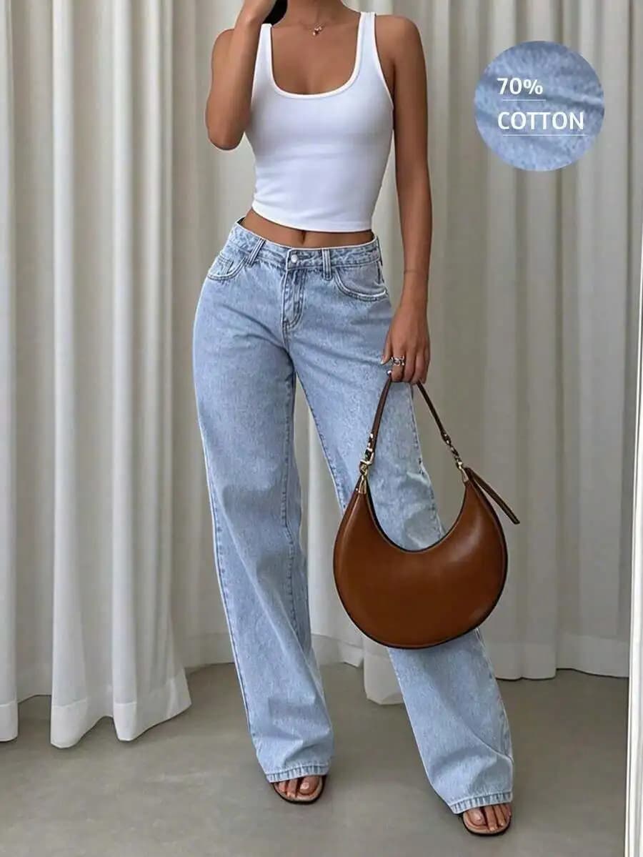 Vintage Light Wash Wide Leg Straight Jeans For Women Casual Boyfriend Fit Denim Pants