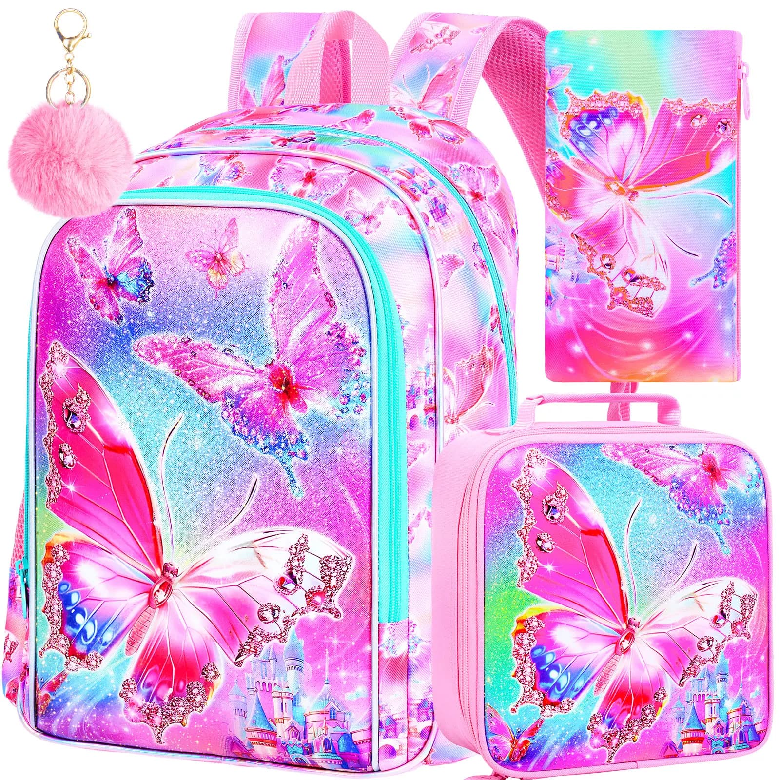 Set di 3 zaini per ragazze, borsa da scuola con astuccio per il pranzo, portachiavi con pompon, zaino per la scuola primaria, zaino da viaggio
