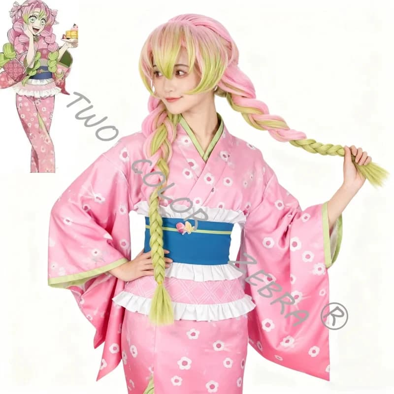 A;3\v,7'd/Kanroji Mitsuri Cosplay Costume Wig Pink Kimono Dress Outfits Halloween Party Role Play Women Clothes Setw.3;v'6\b/