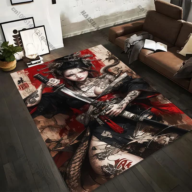 Carpets printed with strong and elegant motifs of samurai warriors in 21 different sizes, ideal as yoga mats for adults, decorations for the living room or customized zerbini.