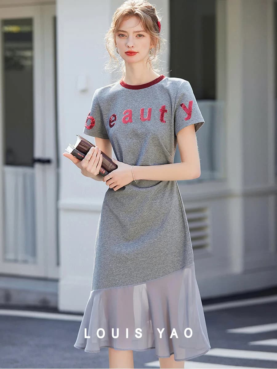 LOUIS YAO Women's Dress 2025 Summer Spliced Mermaid Skirt Round-neck Short-sleeved Dress with Sequin Letter Design