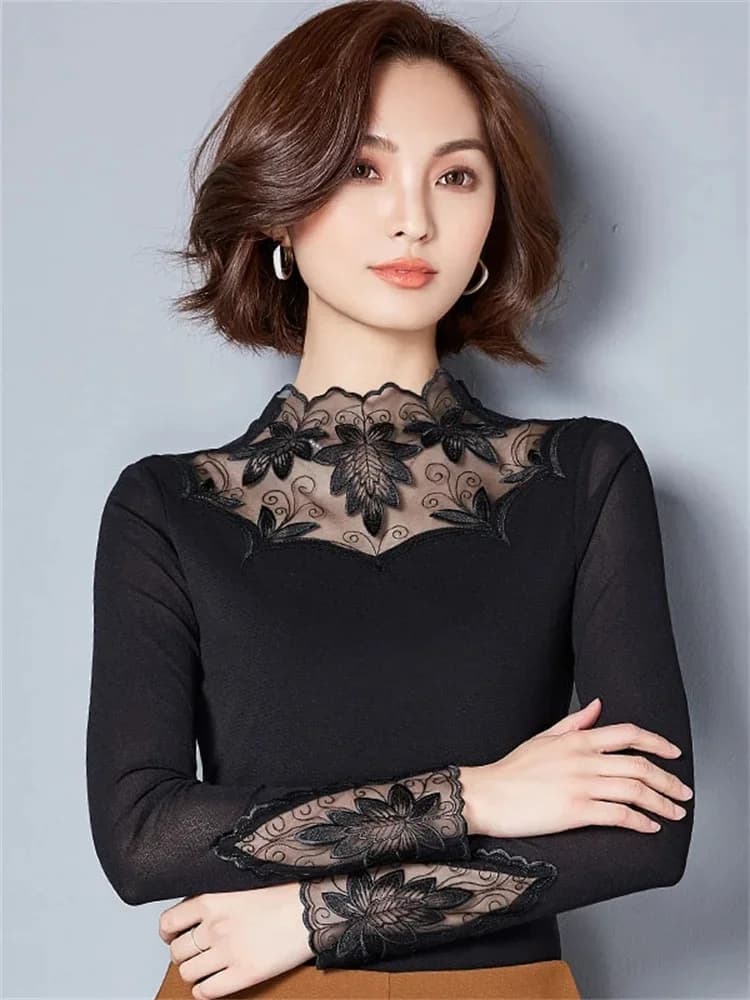 Camicette di pizzo stile primavera autunno da donna scavate Camicie Casual manica lunga patchwork dolcevita impiombato Blusas Top