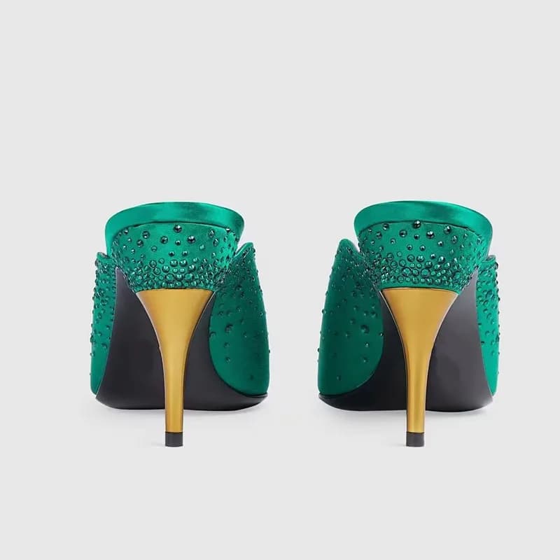 Bling Rhinestone Pointed Toe Outdoor Summer Women Slippers Metal Stiletto High Heels Slip On Design Large Size Closed Toe Shoes