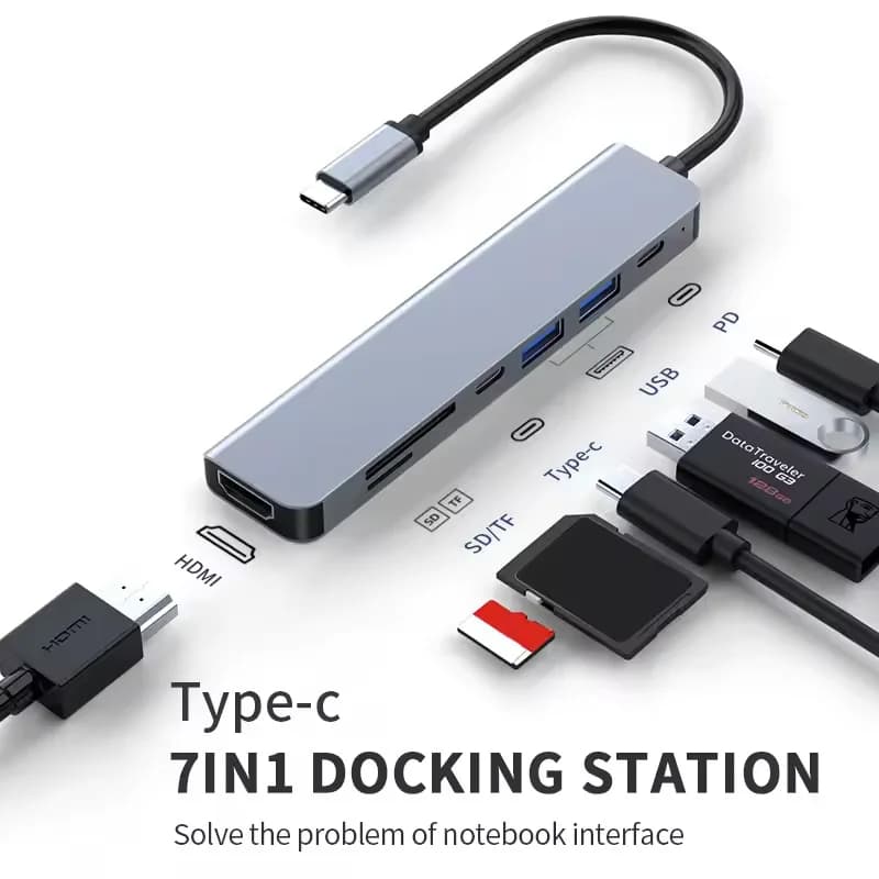 Hub Type-C 7-in-1 con HDMI2.0 4K30Hz e adattatore lettore di schede USB3.0 SD/TF per SamsungS10/NOTE/Huawei/OPPO