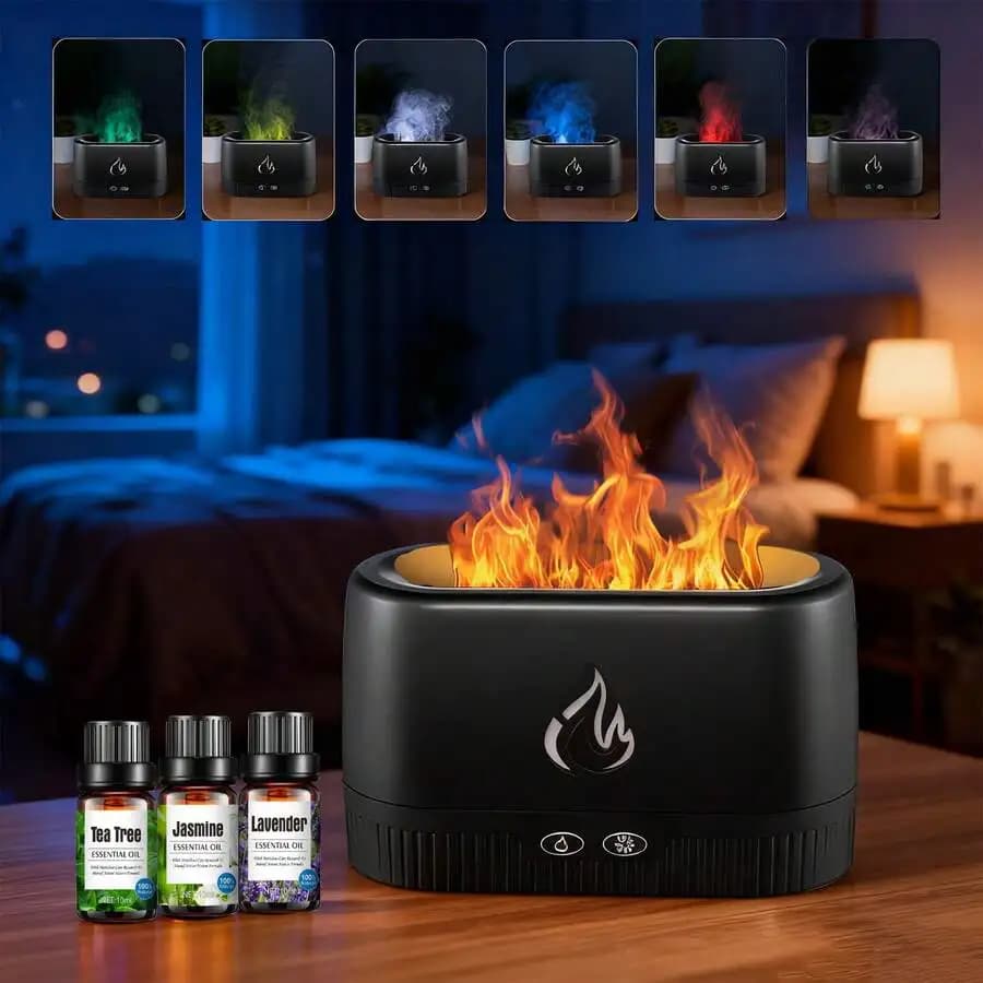Simulated Flame Aroma Diffuser, 7-Color Light 200ml Air Humidifier, USB Rechargeable Desktop Night Light With Auto-Off For Home