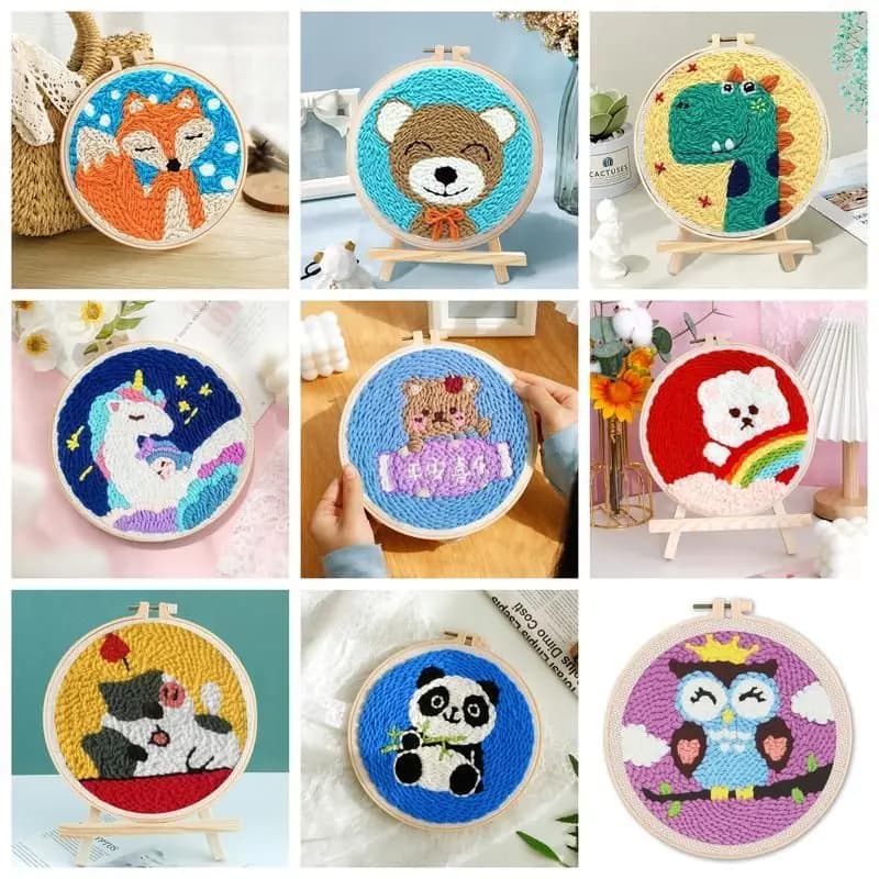 CHENISTORY Punch Needle Embroidery Kit Cartoon Animal Starter Set For Adult Beginner Funny Kit Needlework DIY Craft