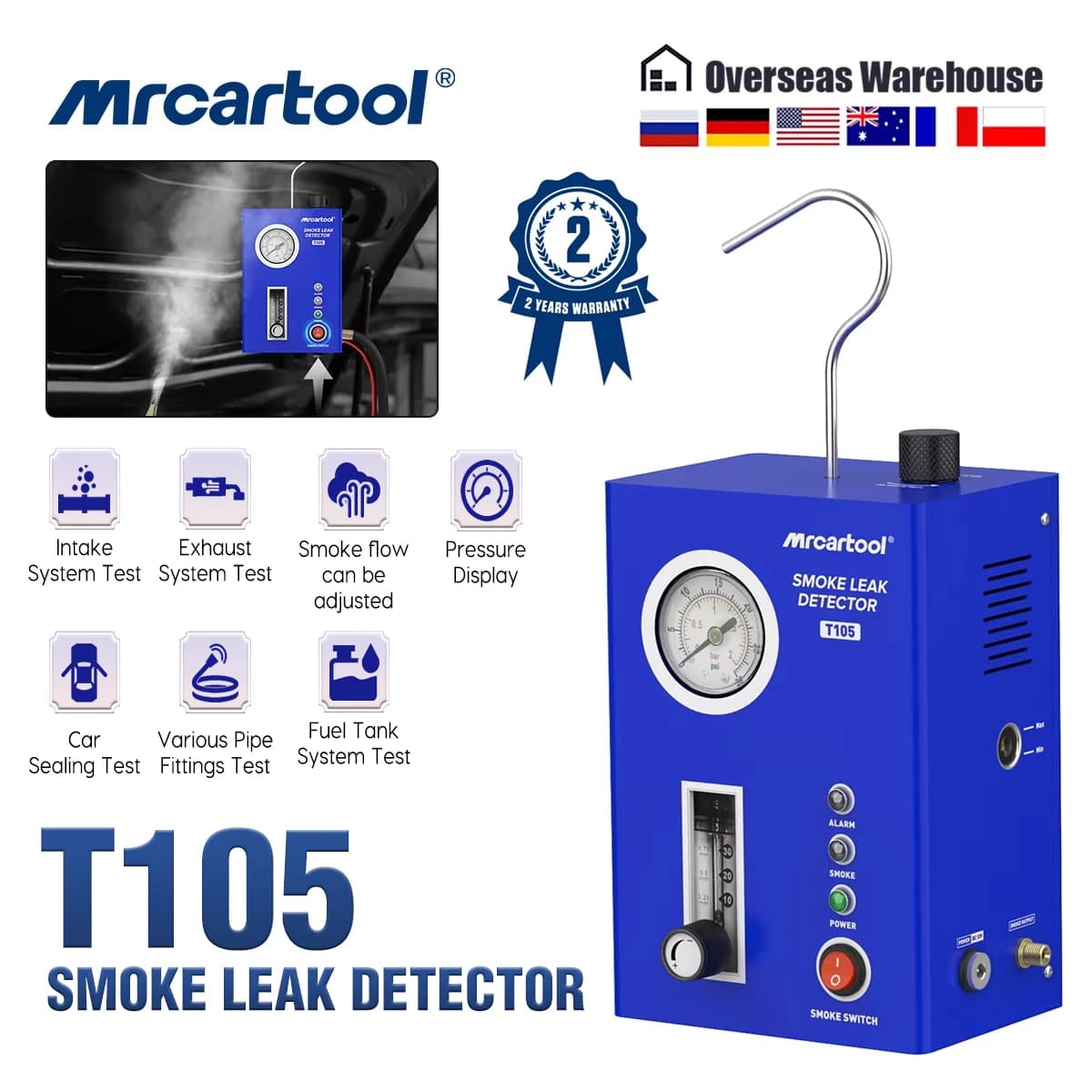 MRCARTOOL Smoke Machine Leak Detector with Smoke Flow Meter T105 Auto Pump EVAP Pipe Leak Locator Smoke Generator Diagnostic Tool