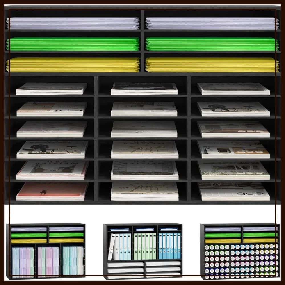 Organizzatore in Legno per Carta da Scrapbook 12x12, Impilabile con 24 Scomparti Regolabili, per Fogli A3 A4 e Rotoli di Vinile, Nero